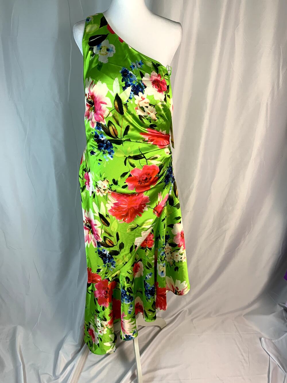 Eliza J Printed Asymmetric One-Shoulder Midi Dress – Green – Size 10 – NWT